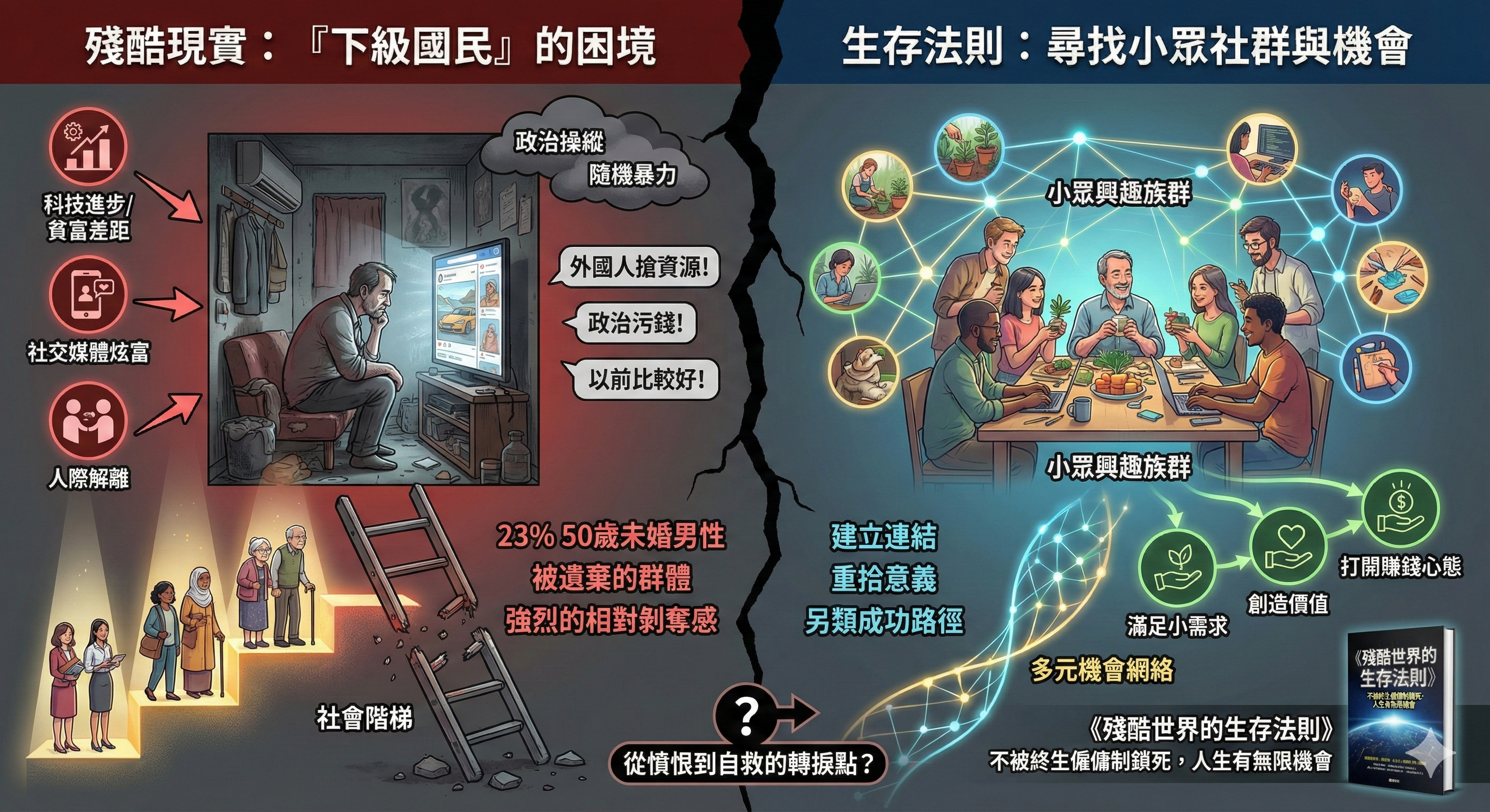 橘玲《上級國民/下級國民》書評資訊圖:左半部描繪「下級國民」的困境,包含科技進步加劇貧富差距、社交媒體炫富、人際解離,以及23%