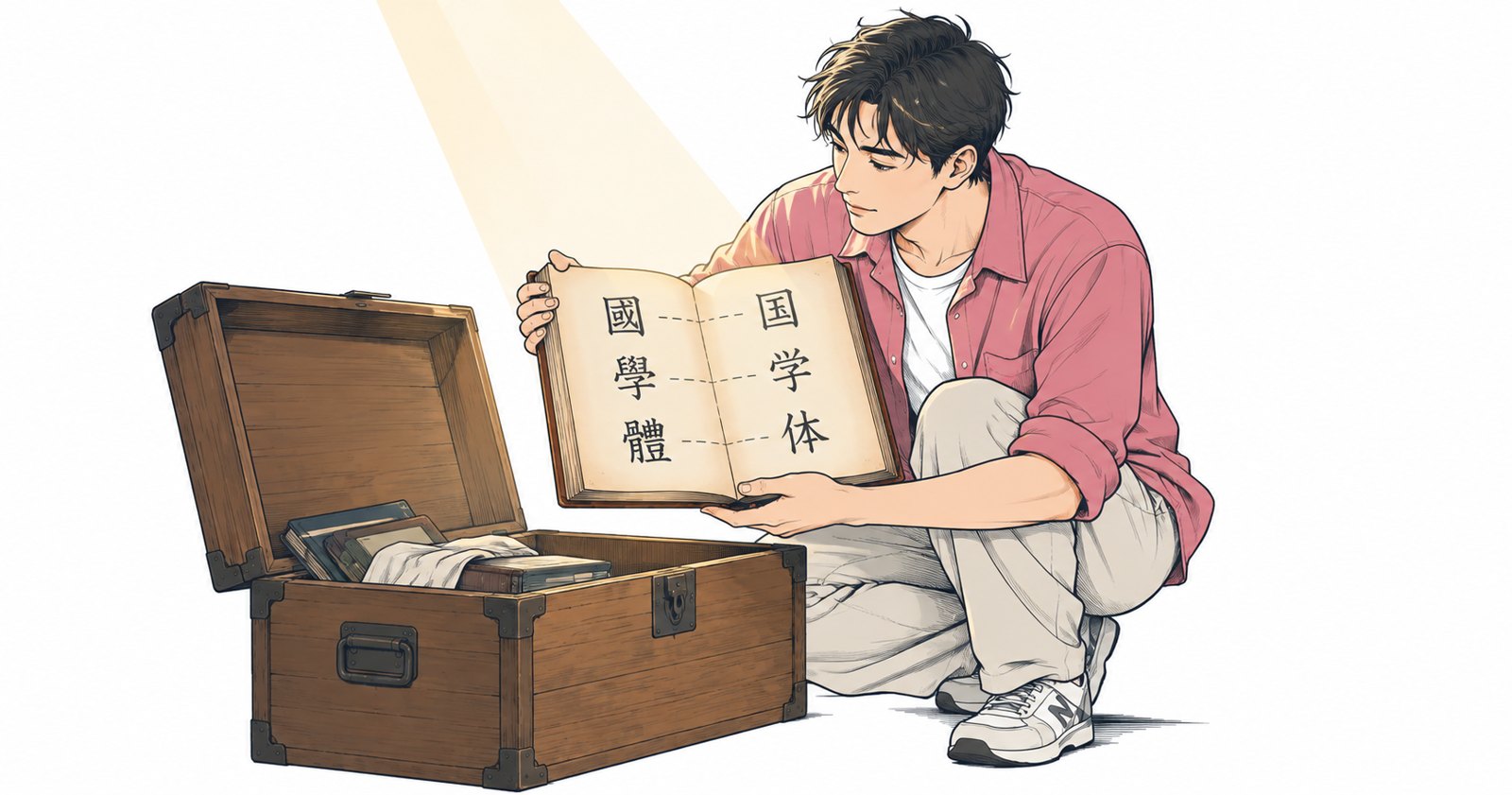 Thiago 蹲在打開的木箱前,翻著祖父的日記,左頁是舊字體、右頁是新字體